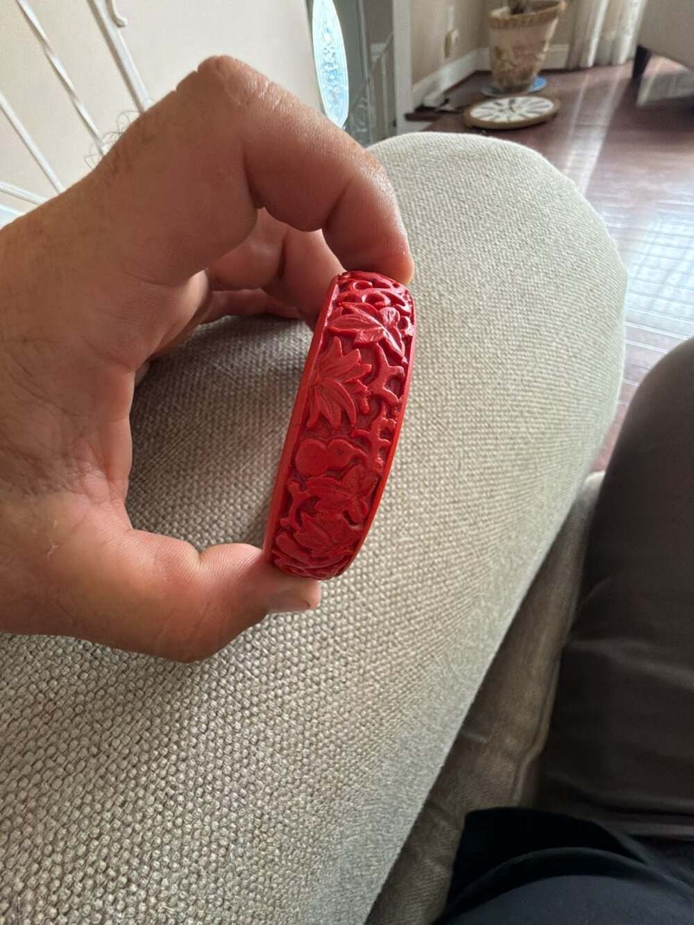 Vintage Chinese Style Carved Cinnabar Bangle Bracelet
